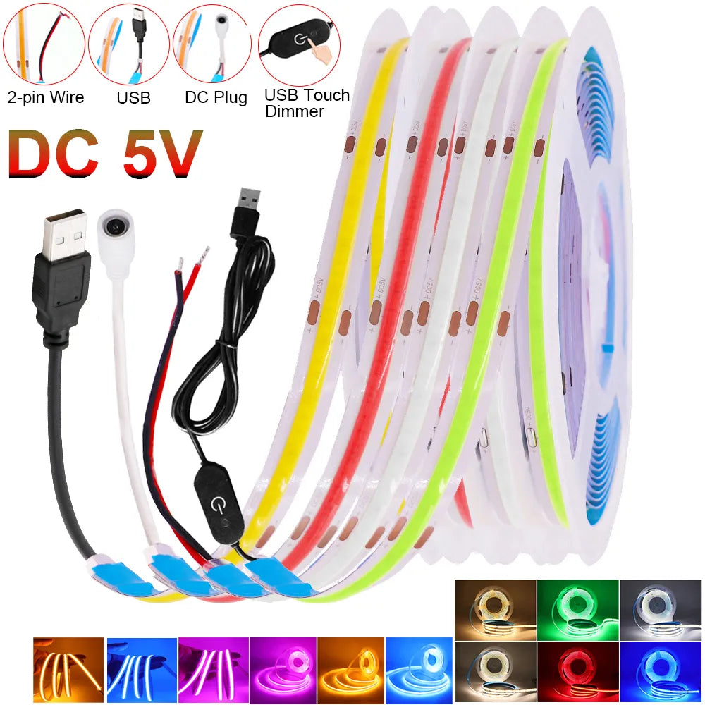 DC 5V USB COB LED Strip Light – 320 LEDs Flexible Tape | Warm, Natural & Cool White